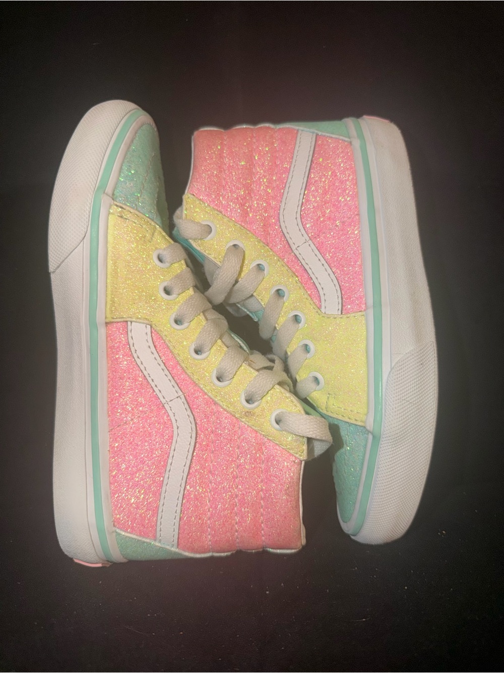 Vans Kids Glitter High-Top Sneakers in Pink, Yellow & Mint